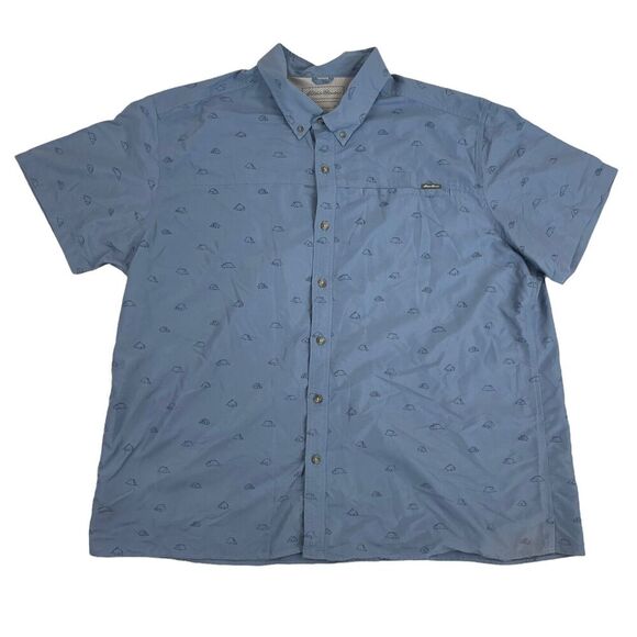 Eddie Bauer Blue Tent Pattern Button Up Shirt S/S Mesh Lined Nylon Blend 2XL XXL - Picture 1 of 9